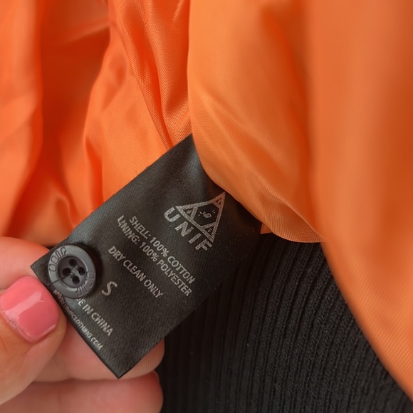 UNIF Trench Cropped Bomber Jacket Military in Olive Orange Black Women's size S - Picture 13 of 17